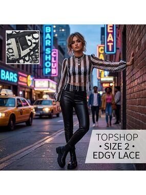 Topshop Black White Lace Fringe Crop Top | Size 2 | Boho Festival Retro Mod